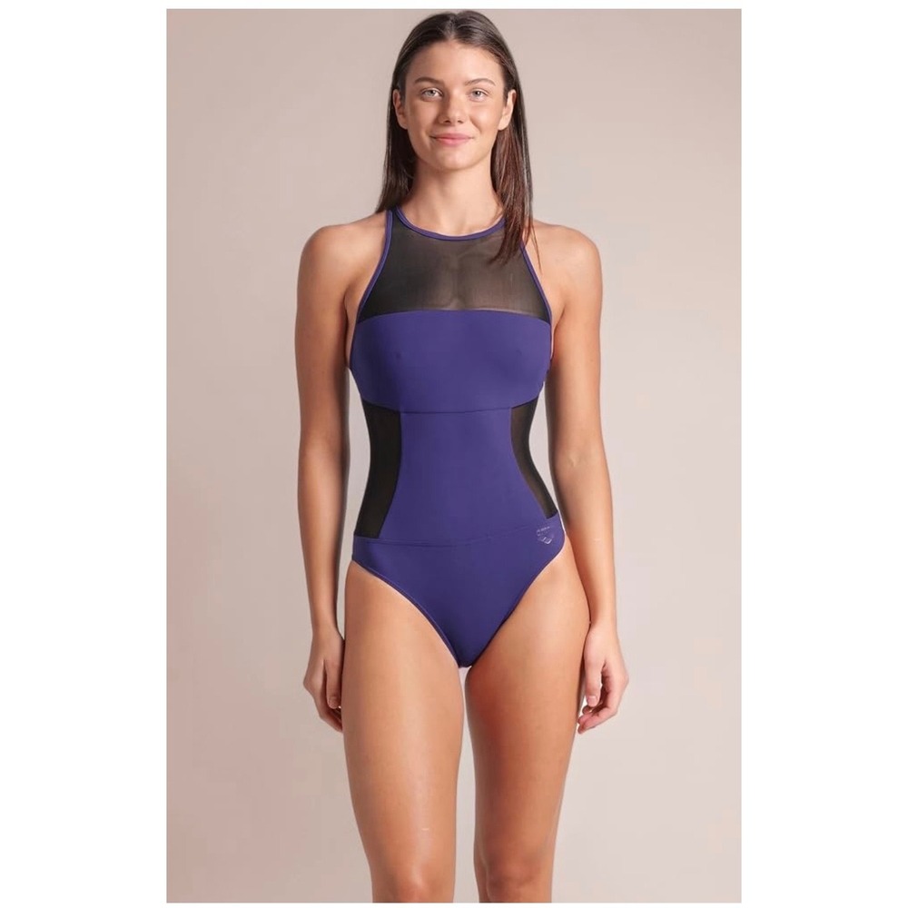 Arena Mesh Panels One Piece Swimsuit Swim Pro Back Dark Plum Purple Size 34 NWT